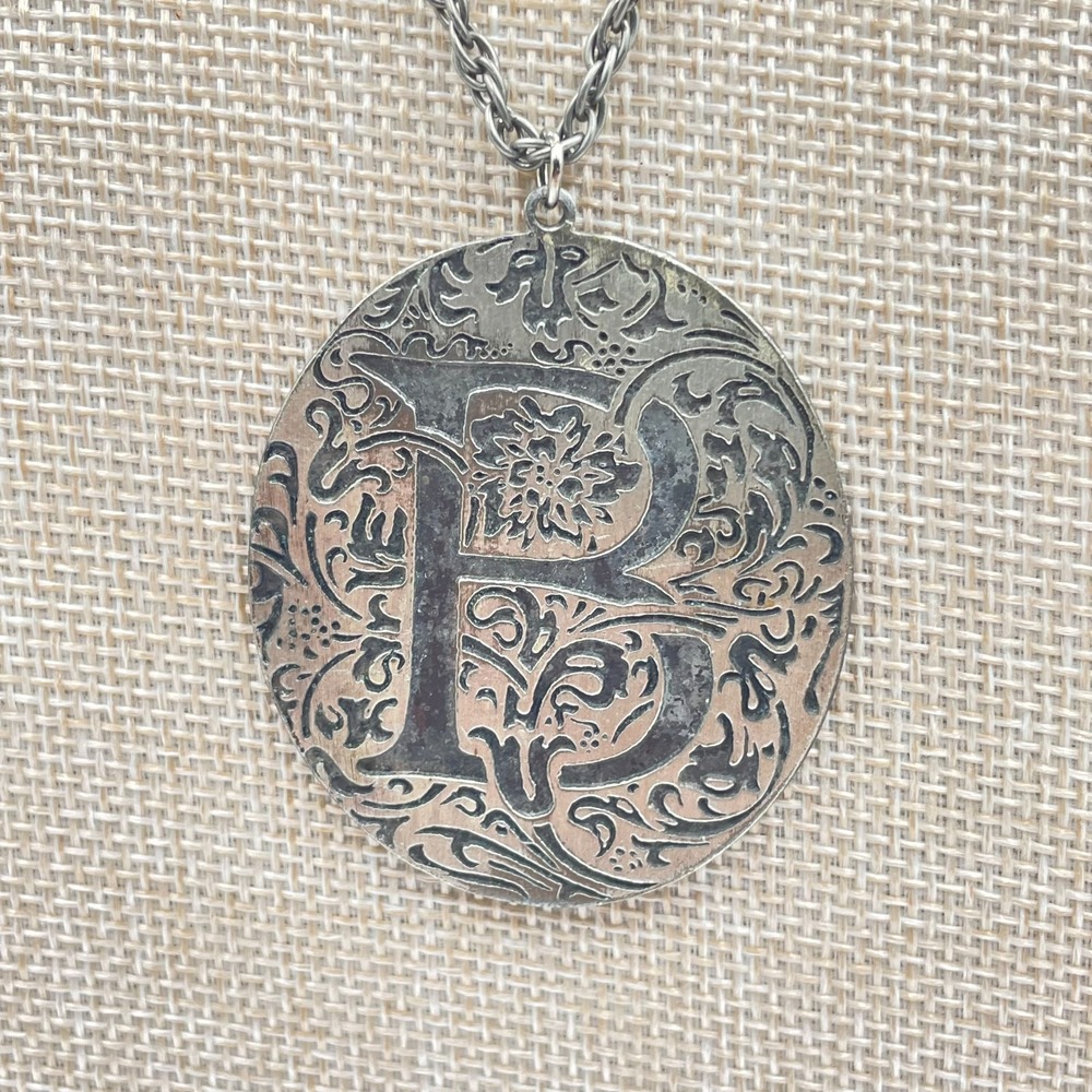 Vintage Silver Tone Initial B Pendant Necklace Large Round Filigree Scroll Boho